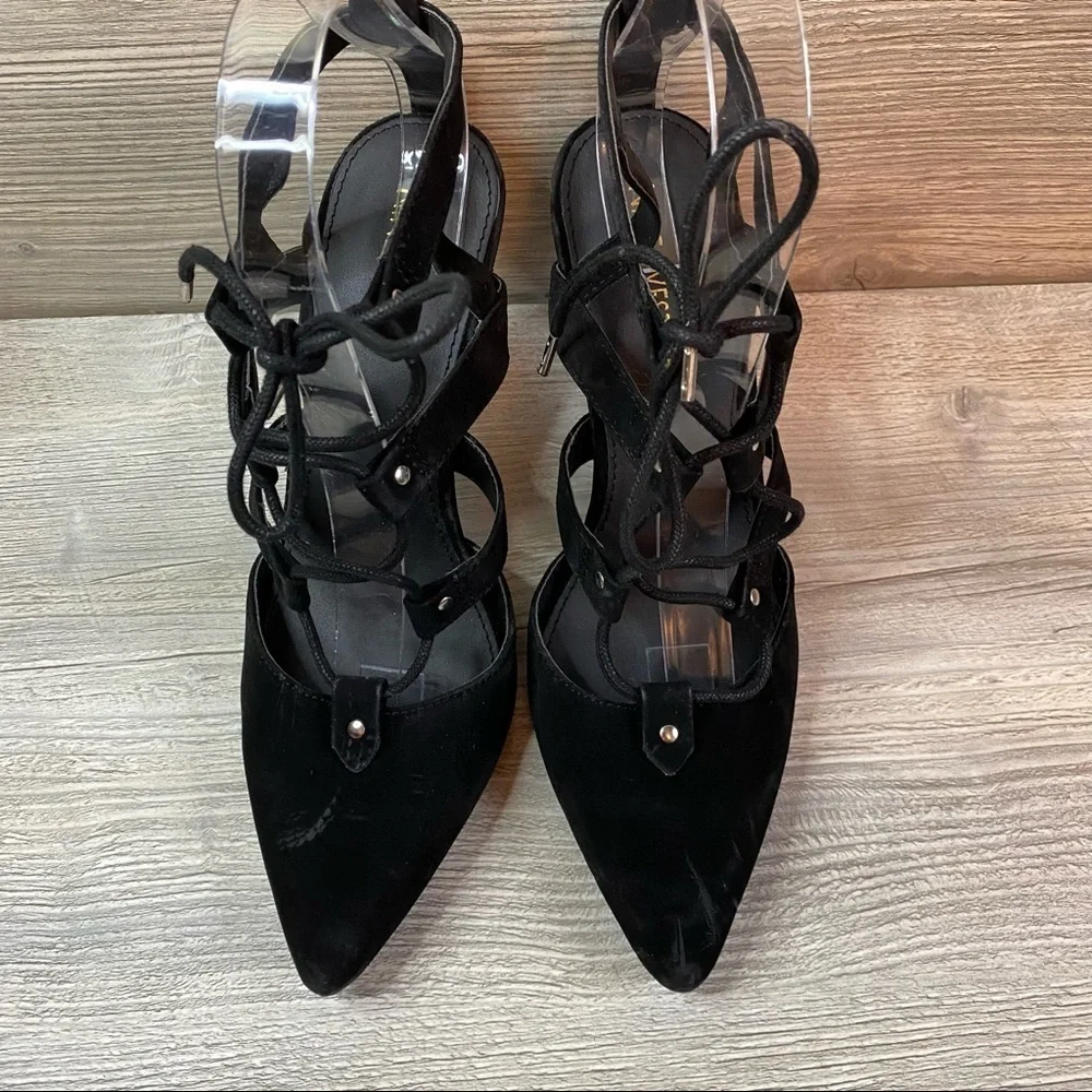 Black velvet pointy lace up heels